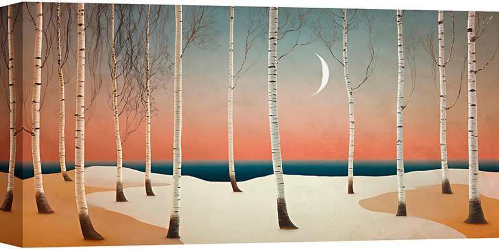Kunstdruck auf Leinwand, Landschaft im nordischen Stil - Sayaka Miko - Mondschein über dem Birkenwald - 140x70 cm