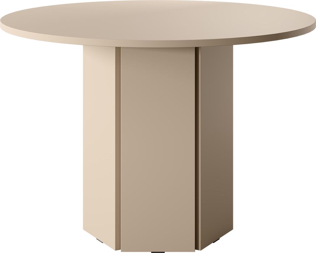 A round dining table with a hexagonal pedestal base.