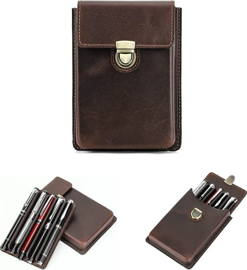Boîte de rangement portable en cuir pour stylo à plume - Café - 5 stylos