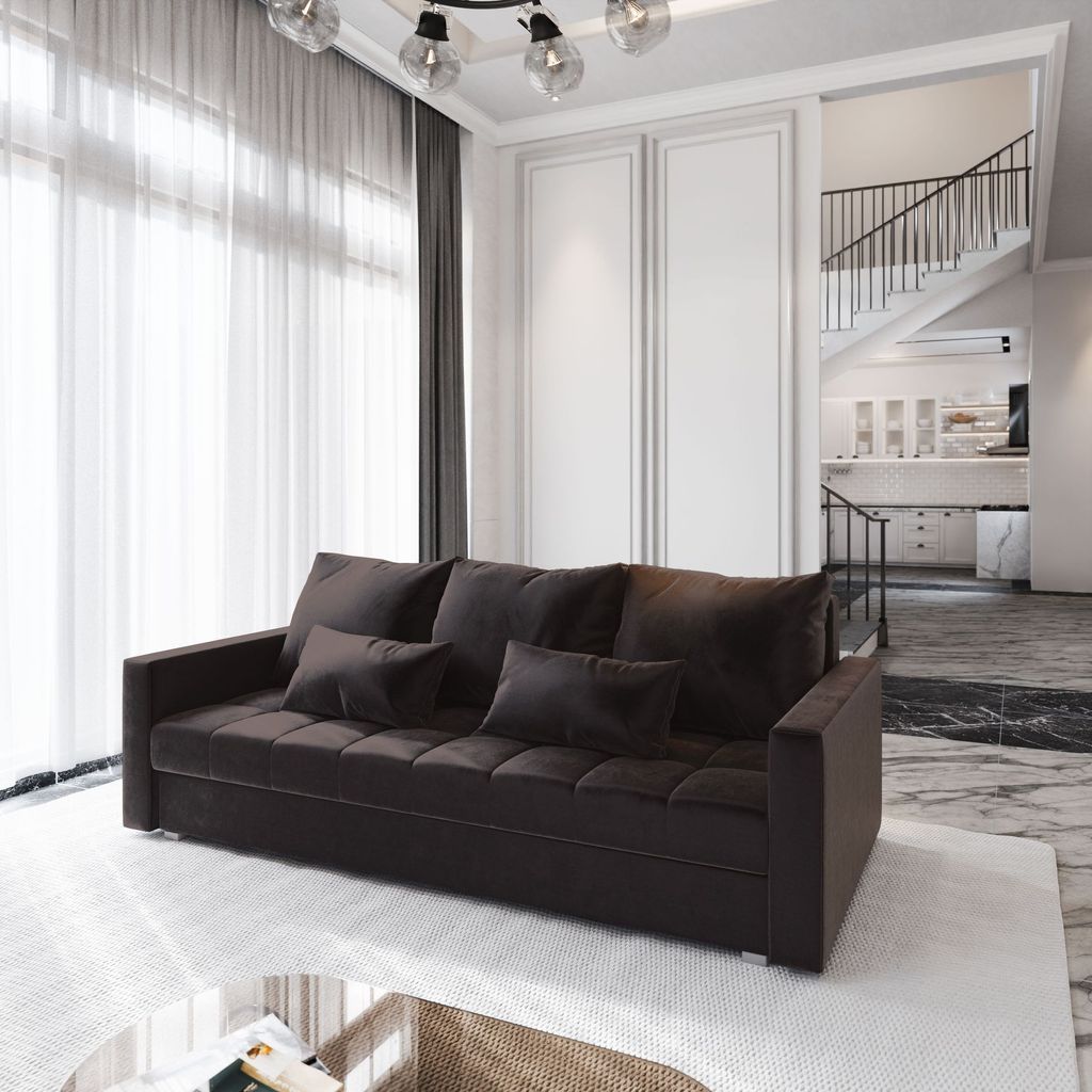 Sofa SIRO Braun Plüsch-Stoff mit Schlaffunktion, Sofa mit Bettkasten, Sofa mit Bettkasten, Wohnzimmersofa, Couch, Soffa, Bettsofa, Couchgarnitur- ...