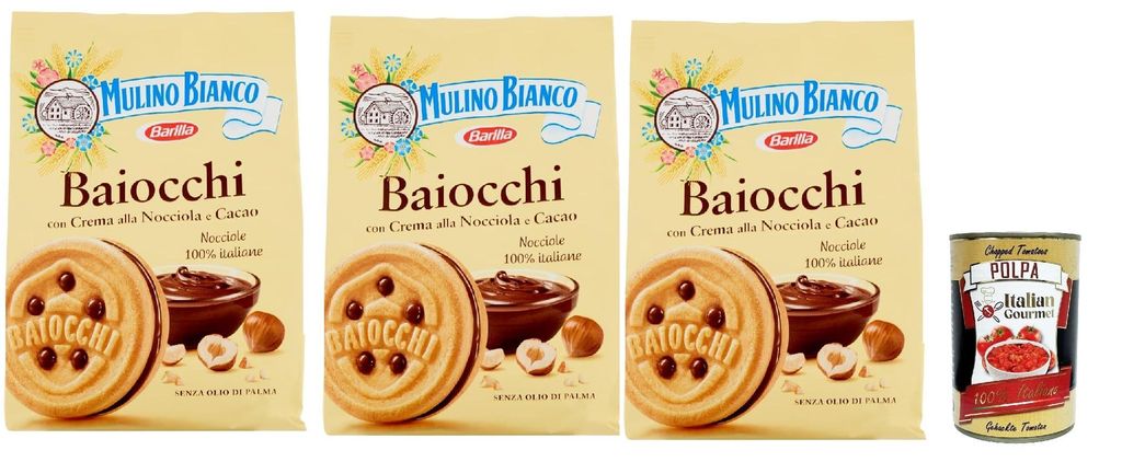 Mulino Bianco Baiocchi Kekse mit Haselnusscreme und Kakao zum Frühstück und süßer Snack für den Nachmittag 3x 260g + Italian gourmet polpa 400g