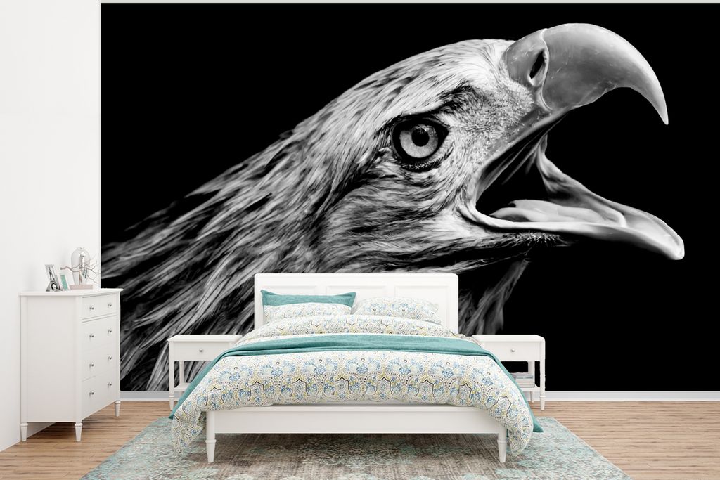 MuchoWow Fototapete für Wohnzimmer oder Schlafzimmer Wandtapete Vinyl Motivtapete Adler - Porträt - Raubvögel - Schwarz - Weiß - Vogel - 295x...