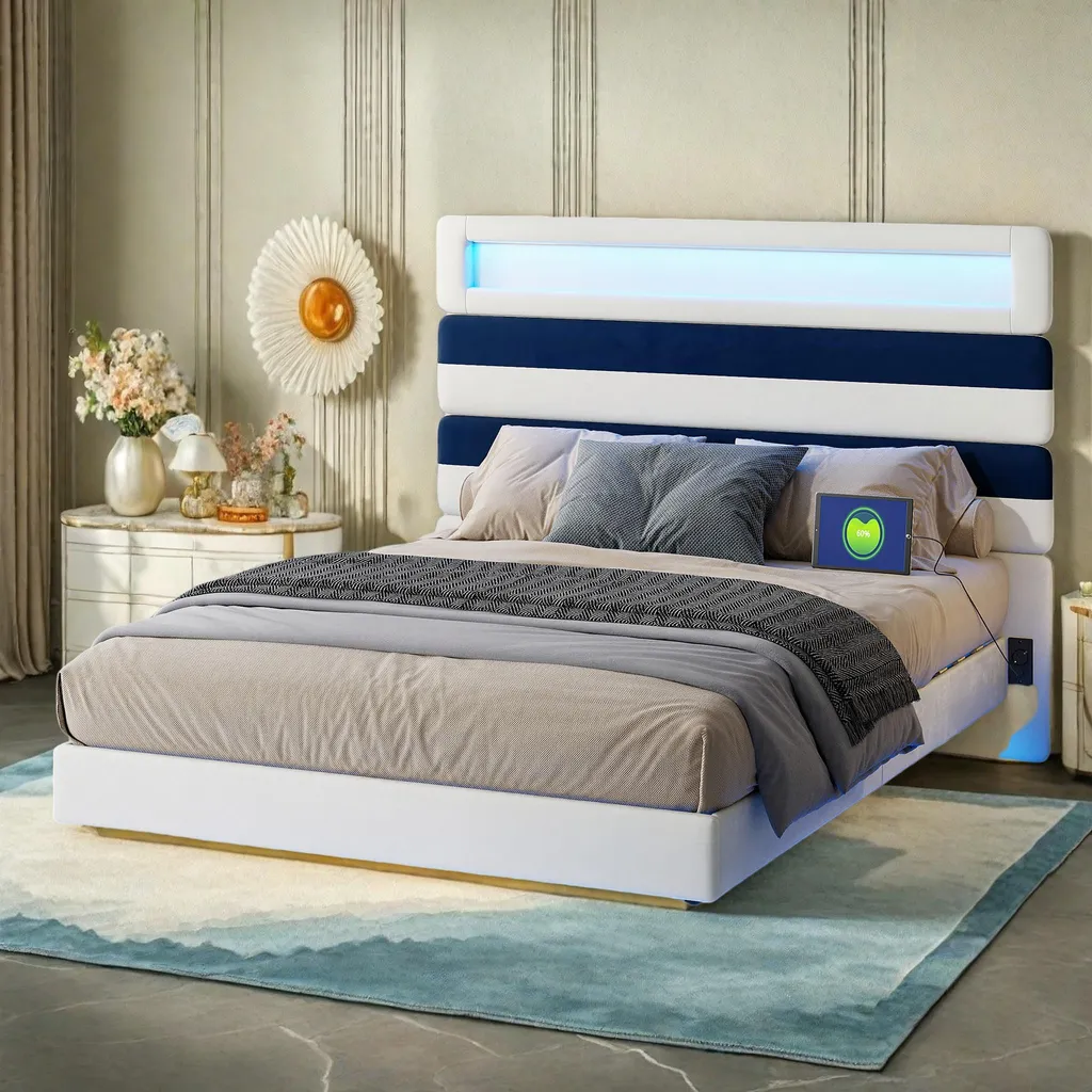 Lit double 140x190 cm velours rayé blanc et bleu avec ports USB et LED