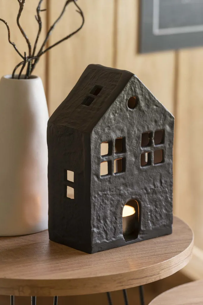 Bougeoir Maison en Aluminium Noir - Lanterne Décorative Style Moderne