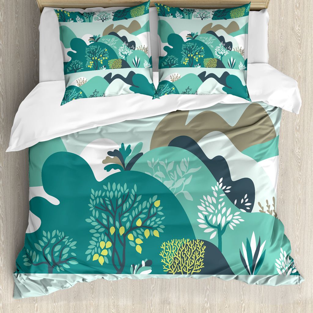 ABAKUHAUS Zitronen Bettbezug Set für Einzelbetten, Bäume Blüten Grafik-Design, Milbensicher Allergiker geeignet mit Kissenbezug, 200 cm x 200 cm...