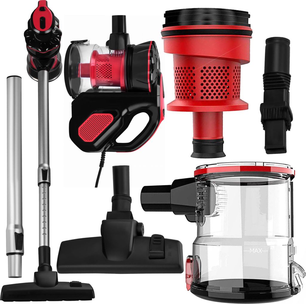 A collage of vacuum cleaner parts and accessories.