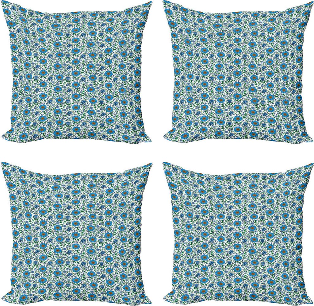 ABAKUHAUS Blumen Kissenbezug Set (4 Stück), Osteuropäisches Blumen-Motiv, Moderner Doppelseitiger Digitaldruck, 60 cm x 60 cm, Sea Blue Umber