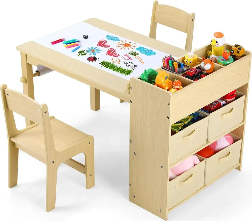 Table de peinture enfants avec 2 chaises en bois naturel 103x56x64 cm