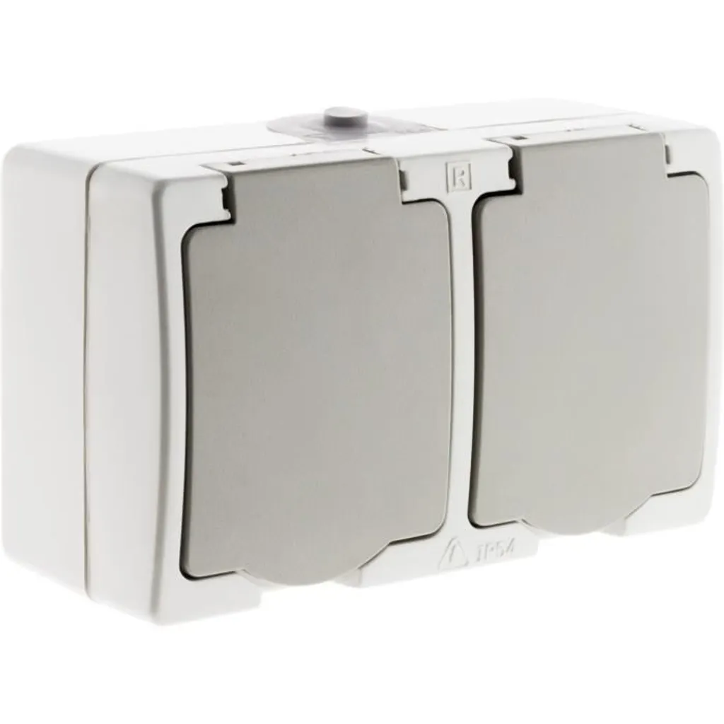 Prise double 2P+E 16A Akya gris clair IP54 pour installation murale