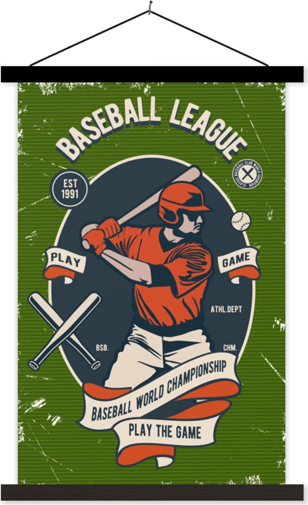 MuchoWow Textilposter Baseball - Schläger - Vintage 60x90 cm mit schwarzem Rahmen - Poster Wohnzimmer