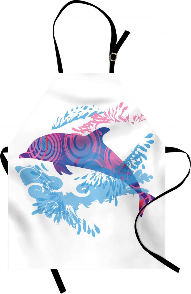 ABAKUHAUS Meerestiere Kochschürze, Delphin-Figur mit bunten Mustern Underwater Sea Life Illustration, Farbfest Höhenverstellbar Waschbar Klarer D...