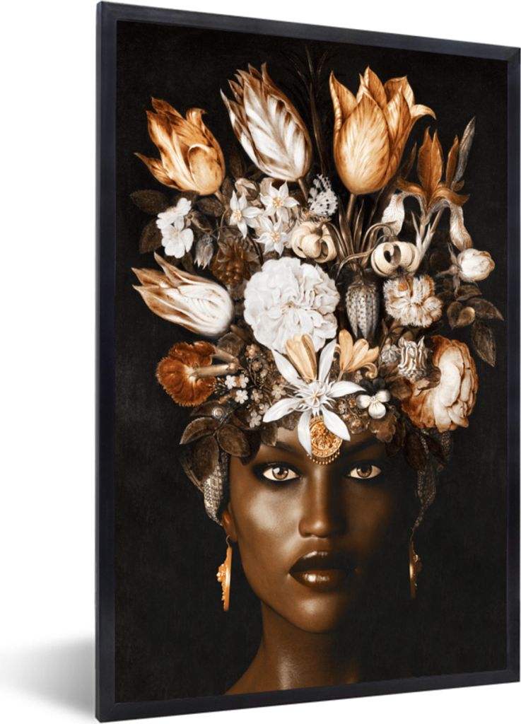MuchoWow MuchoWow Gerahmtes Poster Frau - Blumen - Schwarz 60x90 cm - Poster mit zchwarzem Bilderrahmen - Kunst