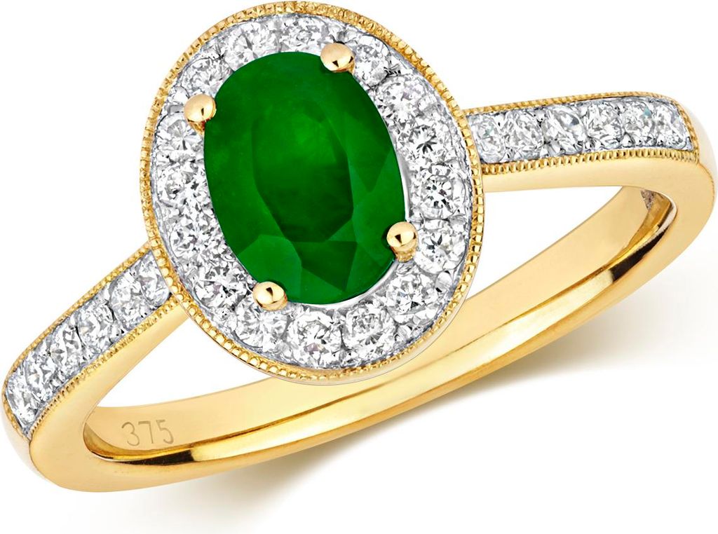 Funkelndes Feuer Wunderschöner 9 Karat (375) Gold Cluster Diamant Ring Brillant-Schliff 0.33 Karat HI - I1 mit Smaragd, 51 (16.2); TRS292689KYRSL