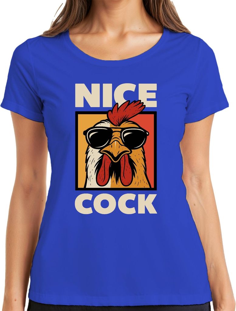 Nice Cock witziger Hahn Sonnenbrille Retro Bauernhof Geschenk Damen T-Shirt, Blau, XXL