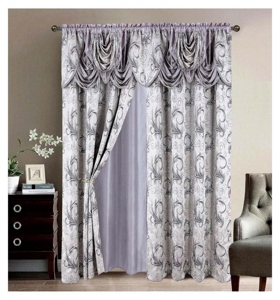 Jacquard-Vorhang-Set mit Volant und Rückseite, für Schlafzimmer, Wohnzimmer, Esszimmer, 137 x 213 cm, Silbergrau