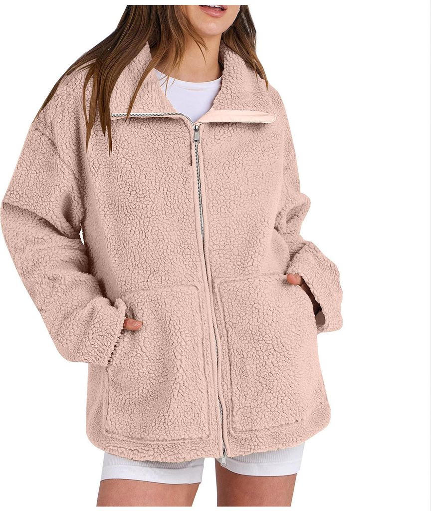 ASKSA Damen Jacke Teddyjacke Doppelschieber Reissverschluss Winter Fleecejacke Winterjacke Warme Teddyfleece Outdoor Casual Jacken mit Taschen (Ros...