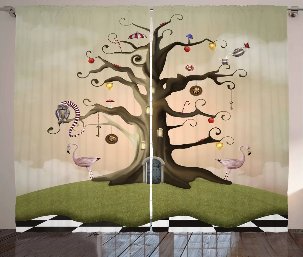 ABAKUHAUS Tenda rustica con motivo ad albero, tronco decorato senza foglie, tenda con passanti e ganci per camera da letto, 280 x 175 cm, multicolore
