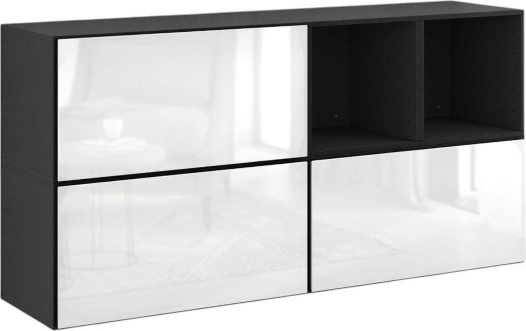 Sideboard VARIANTO 1 Schrank Set 5 tlg., 152 cm, anthrazit matt / weiß Hochglanz, Kommode, 3 Schränke mit Klappen, 2 offene Regale