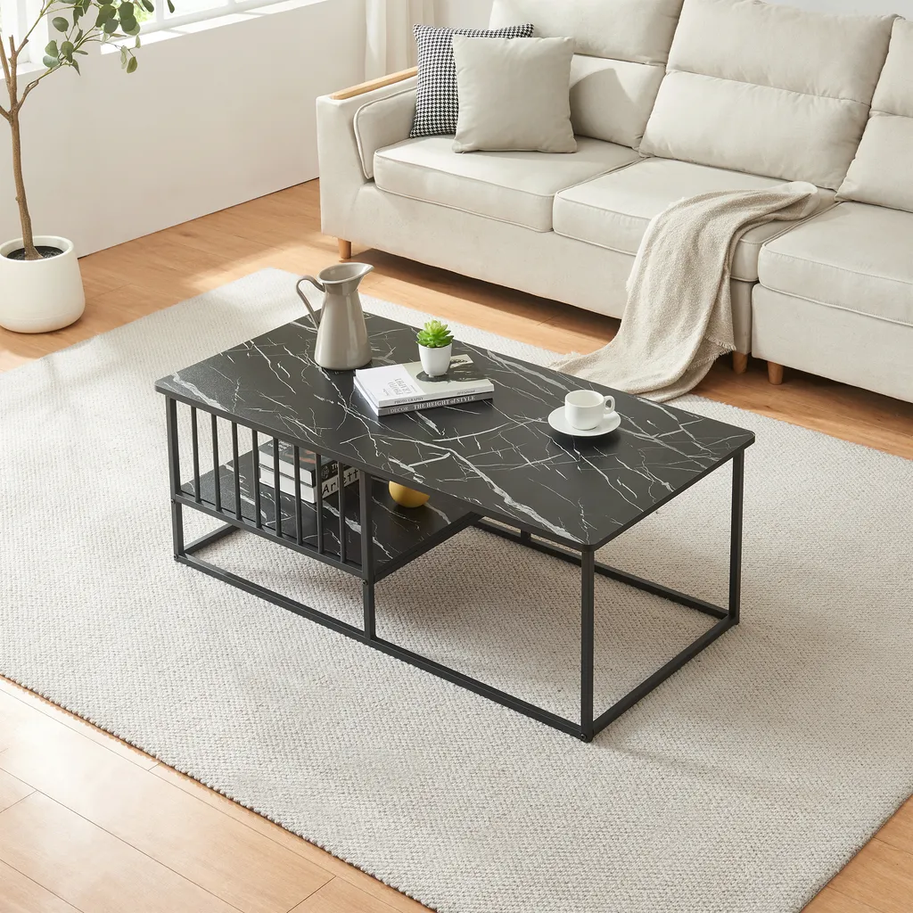 Table basse de salon rectangulaire noire aspect marbre avec niche