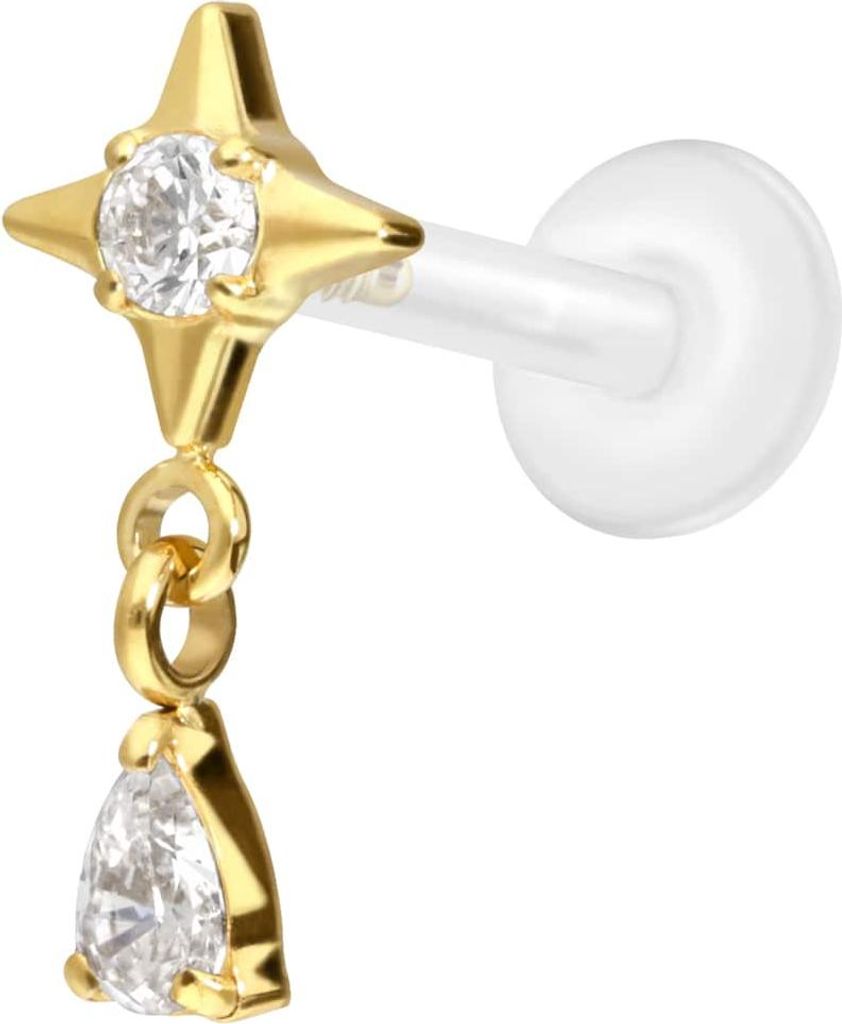 Ohrpiercing, Nasenpiercing PTFE Labret mit Innengewinde + Titan-Aufsatz STERN + KRISTALLTROPFEN Gold Stablänge: 9mm | Stabstärke: 1,2mm