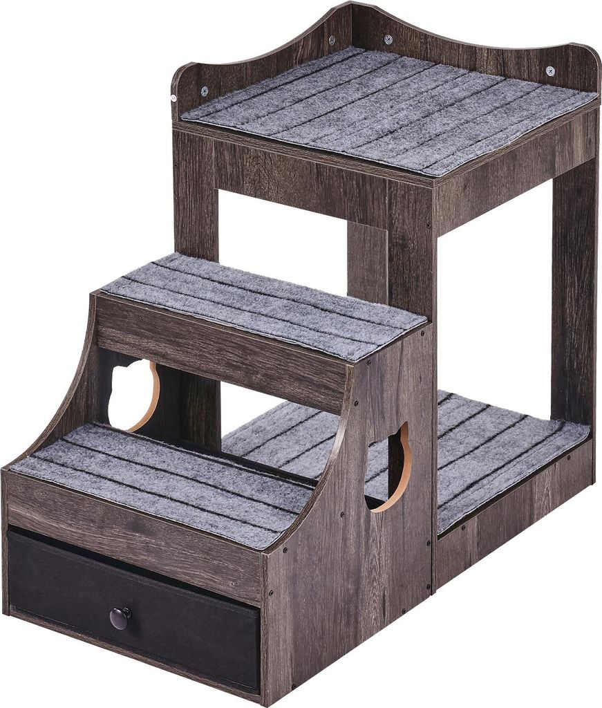 SucceBuy Graues Etagenbett für Haustiere mit abnehmbarer Treppe, mehrstufiger Fenstersitz für Hunde und Katzen, mit Stauraum und für den Innenbe...