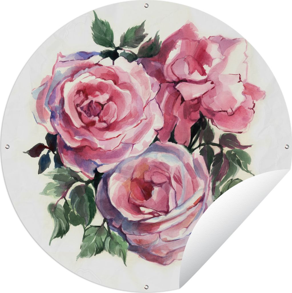 MuchoWow Gartenposter Outdoor-Poster Rund Rosen - Aquarell - Malerei Ø 60 cm Gartendeko Rundes Poster draußen