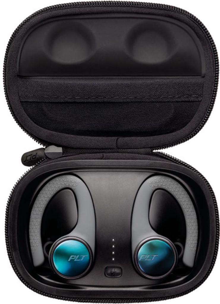 A pair of black wireless earbuds with blue accents are shown inside their charging case, which is open.