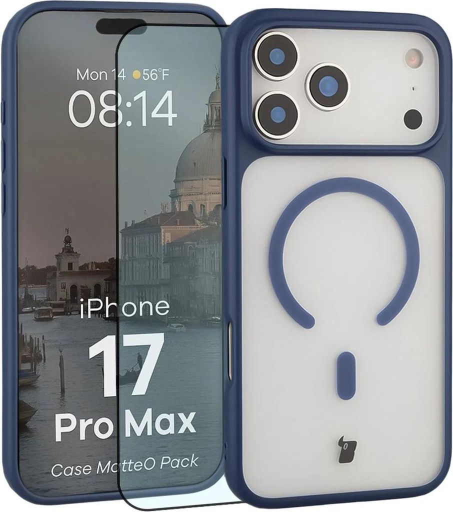 Schutzhülle mit Magnetring + gehärtetem Glas Bizon MatteO Pack für iPhone 17 Pro Max, Getönt-Dunkelblau