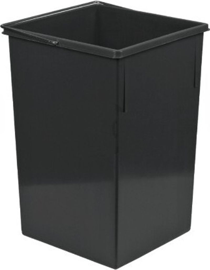 A black trash can with a handle on a white background.