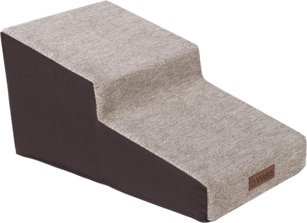 A two-step pet stair with a beige fabric surface and dark brown sides, shown against a white background.