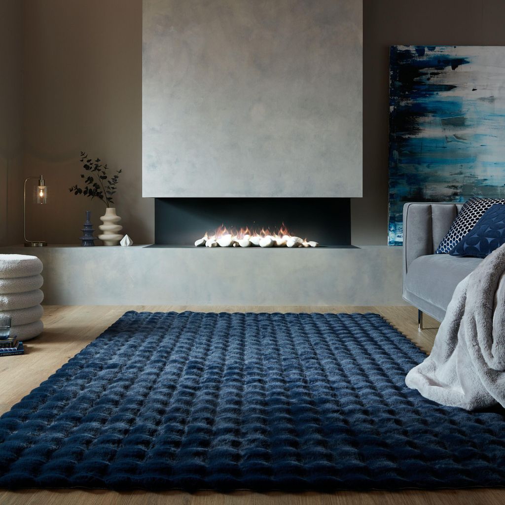 Hochflor Teppich waschbar 3D Waffel Muster, Unifarben, Struktur, Schlafzimmer Blau Rechteckig 180x290 | 100% Polyester