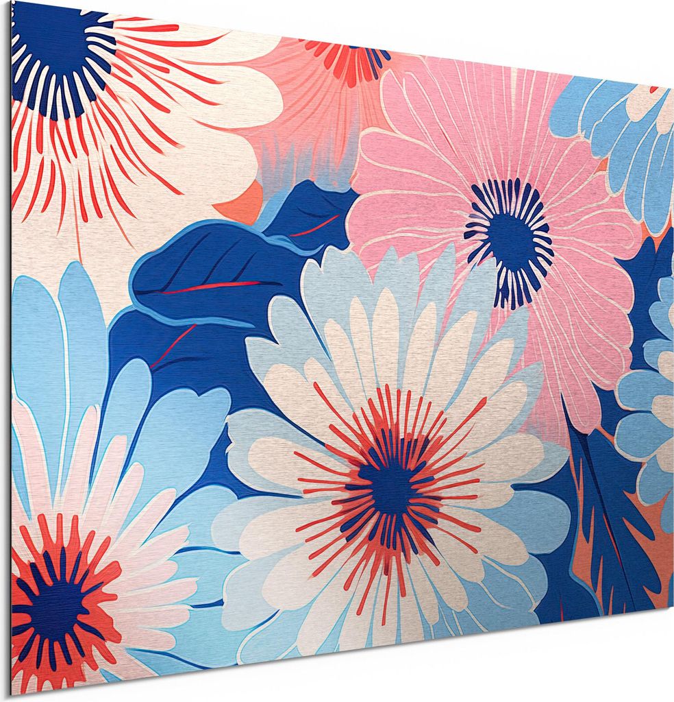 DEQORI Alu-Dibond Bild Silber 60x40 cm 'Retroblumenmeer' Wandbild Metall dünn Design
