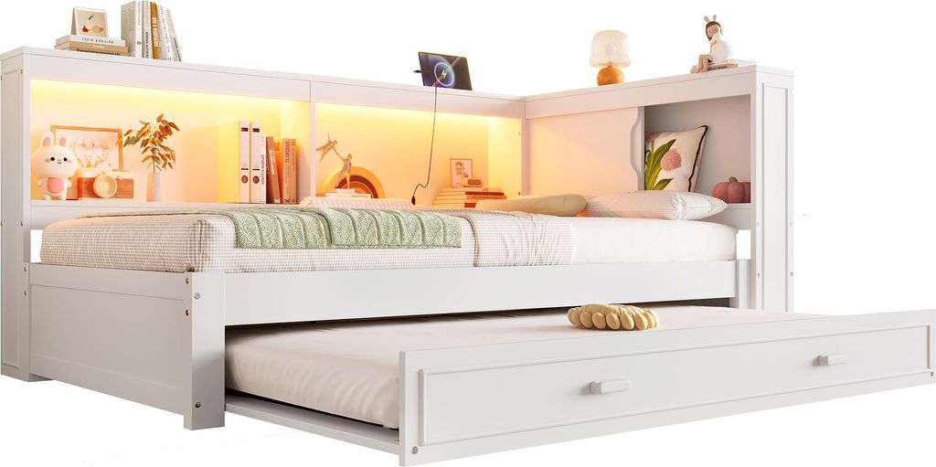 STILVORA Schlafsofa 90×200 mit LED-Beleuchtung&Ausziehbett,Tagesbett Daybett mit USB- und Typ-C-Anschlüssen,Jugendbett mit Ablagefach,Ohne Matrat...