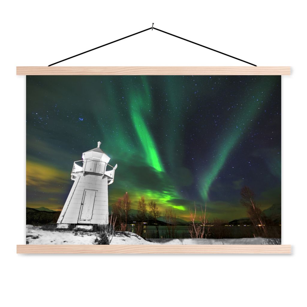 MuchoWow Textilposter Nordlichter - Leuchtturm - Norwegen 60x40 cm mit holzfarbenen Rahmen - Bilder