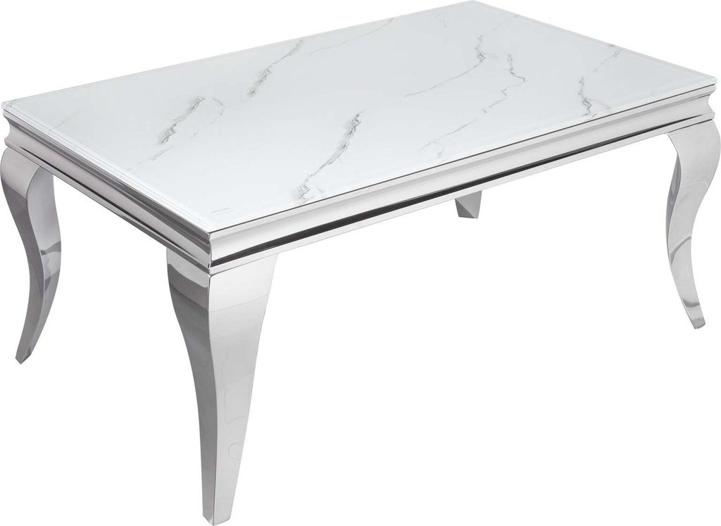 A close-up, isolated shot of a white marble-patterned coffee table with shiny silver legs.