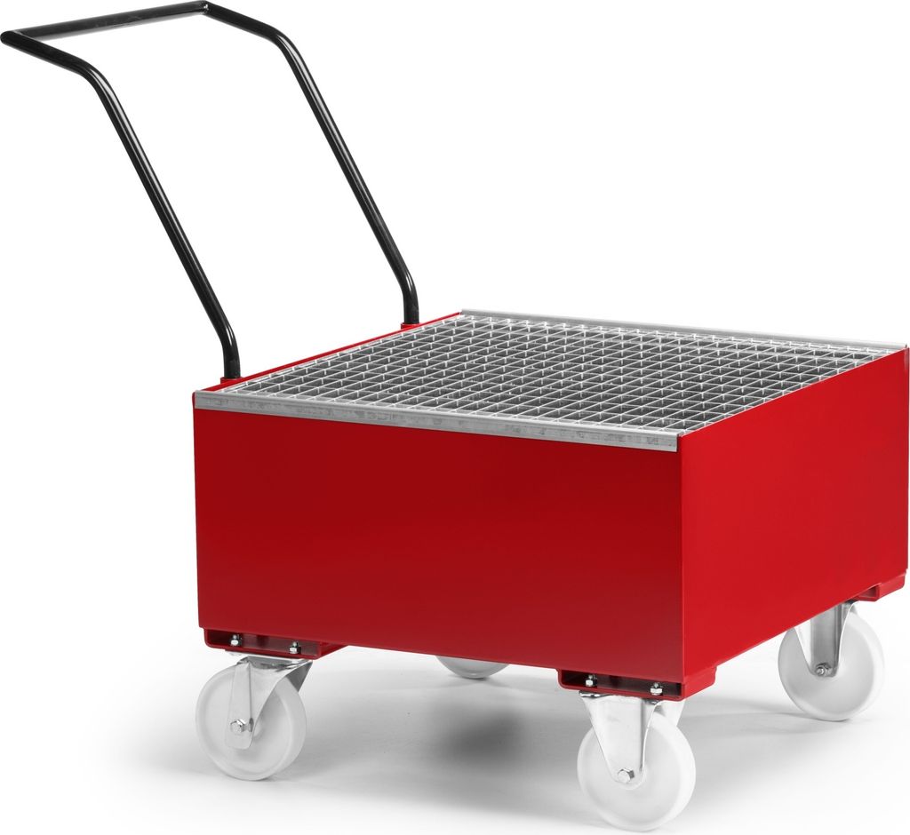 RR Industrietechnik Fahrbare Auffangwanne aus Stahl für 1x 200 Liter Fass mit Gitterrost RAL 3000 Feuerrot