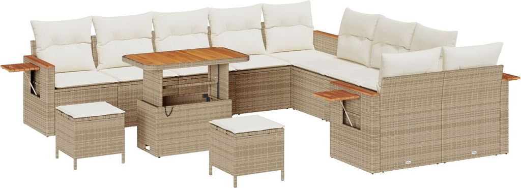 Möbel 13-teiliges Garten Sofa Set mit Kissen, Beige, Poly Rattan, Akazie, 3-teiliges Garten Ess-Set mit Kissen, Beige, Poly Rattan, Akazie - Garte...