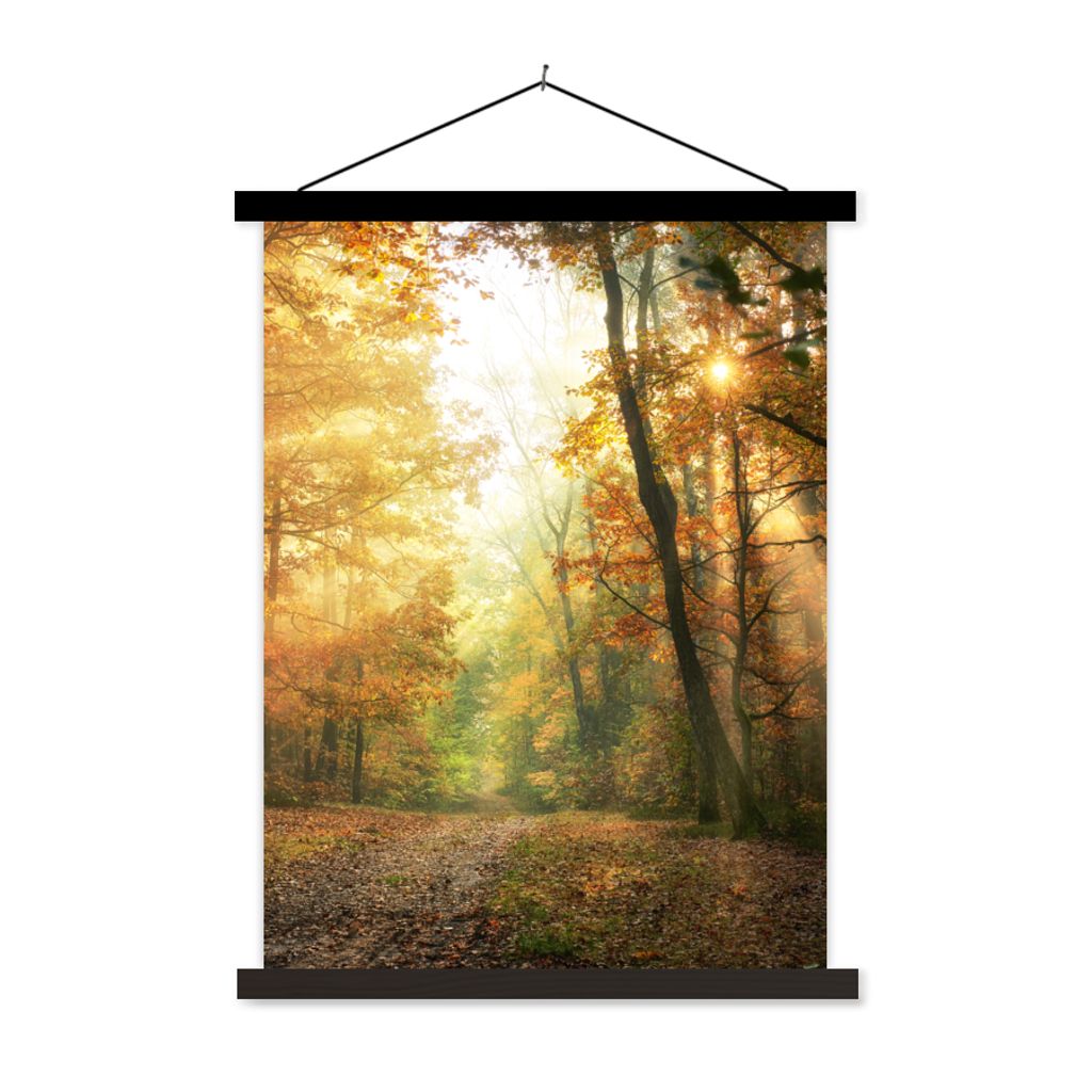 MuchoWow Textilposter Wald - Herbst - Sonne - Landschaft - Natur - Bäume - Laub 60x80 cm mit schwarzem Rahmen - Plakathalter