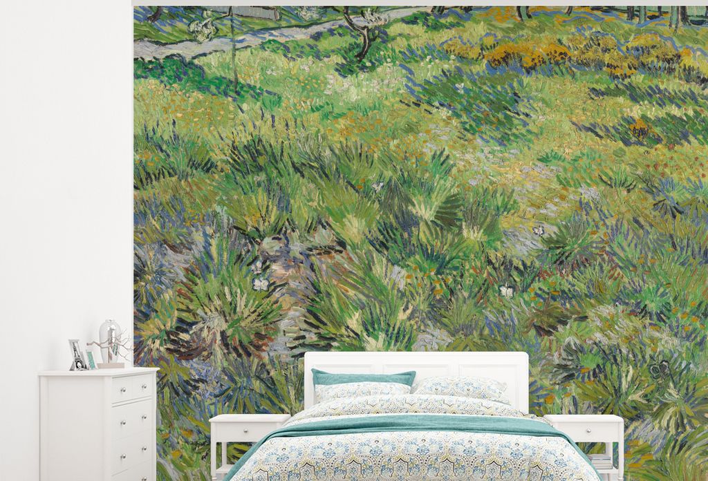 MuchoWow Fototapete für Wohnzimmer oder Schlafzimmer Wandtapete Vinyl Motivtapete Grasige Wiese mit Blumen und Schmetterlingen - Vincent van Gog...