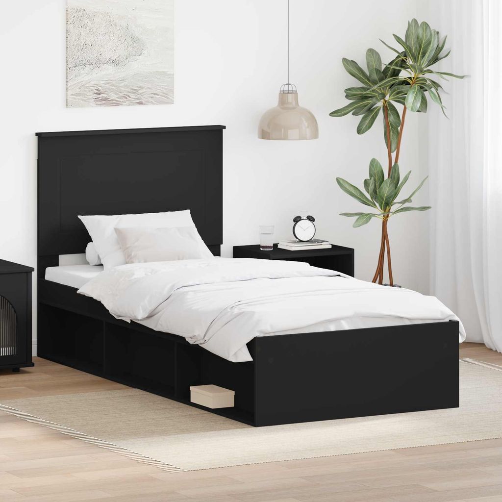 "Schlussverkauf" Einzelbett 1 PLACE - bettrahmen moderne - Schwarz 90x200 cm Massives Kiefernholz C1622