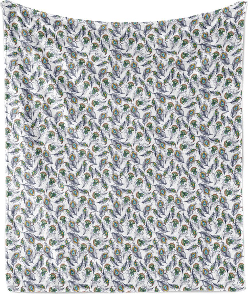 ABAKUHAUS Bohemien Weich Flanell Fleece Decke, Repeating Pfauenfedern verstreut auf einem einfachen Hintergrund, 175 x 230 cm, Mehrfarbig