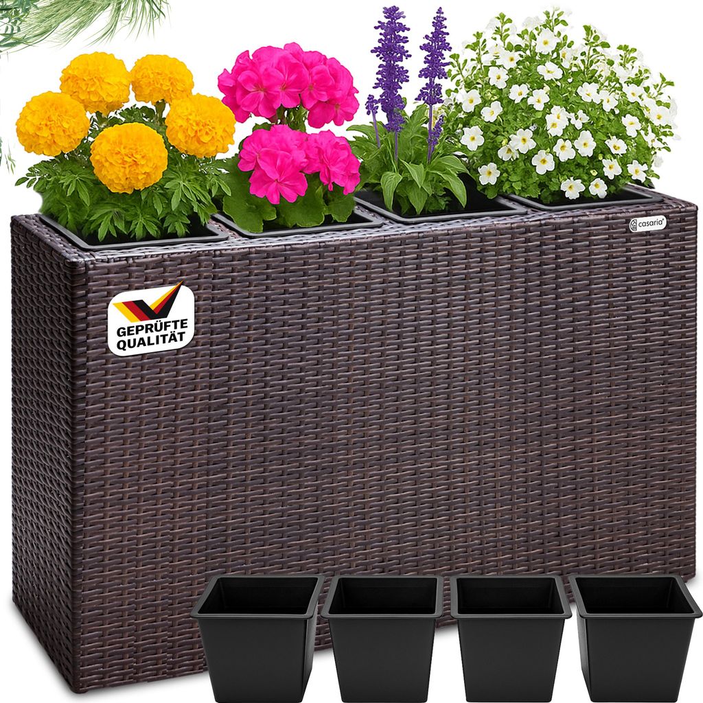 CASARIA Blumenkasten 4 Innentöpfe Polyrattan Herausnehmbar Wasserablauf Outdoor Rechteckig Pflanzkasten Blumentopf Hochbeet Pflanzkübel Braun