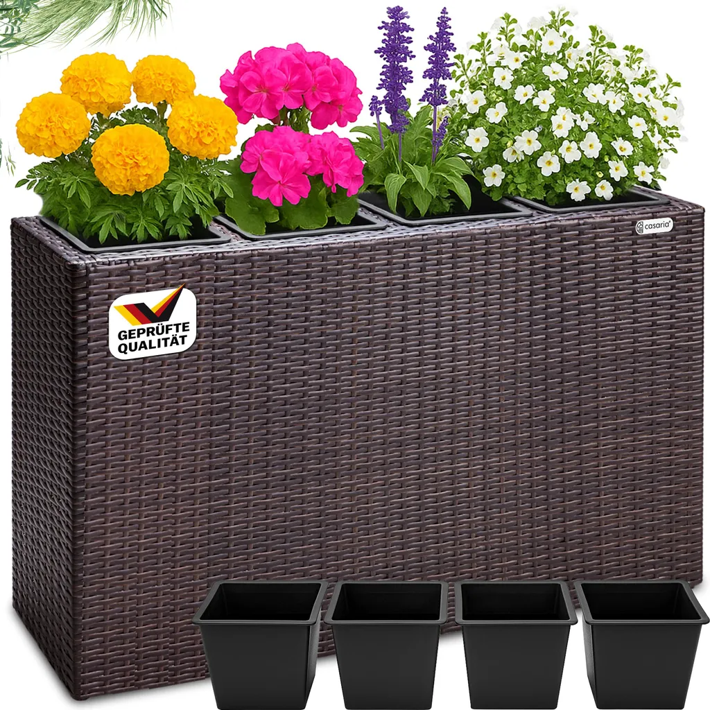 Casaria Bac à Fleurs en Polyrotin Brun - Jardinière 4 Pots 95x27x60cm
