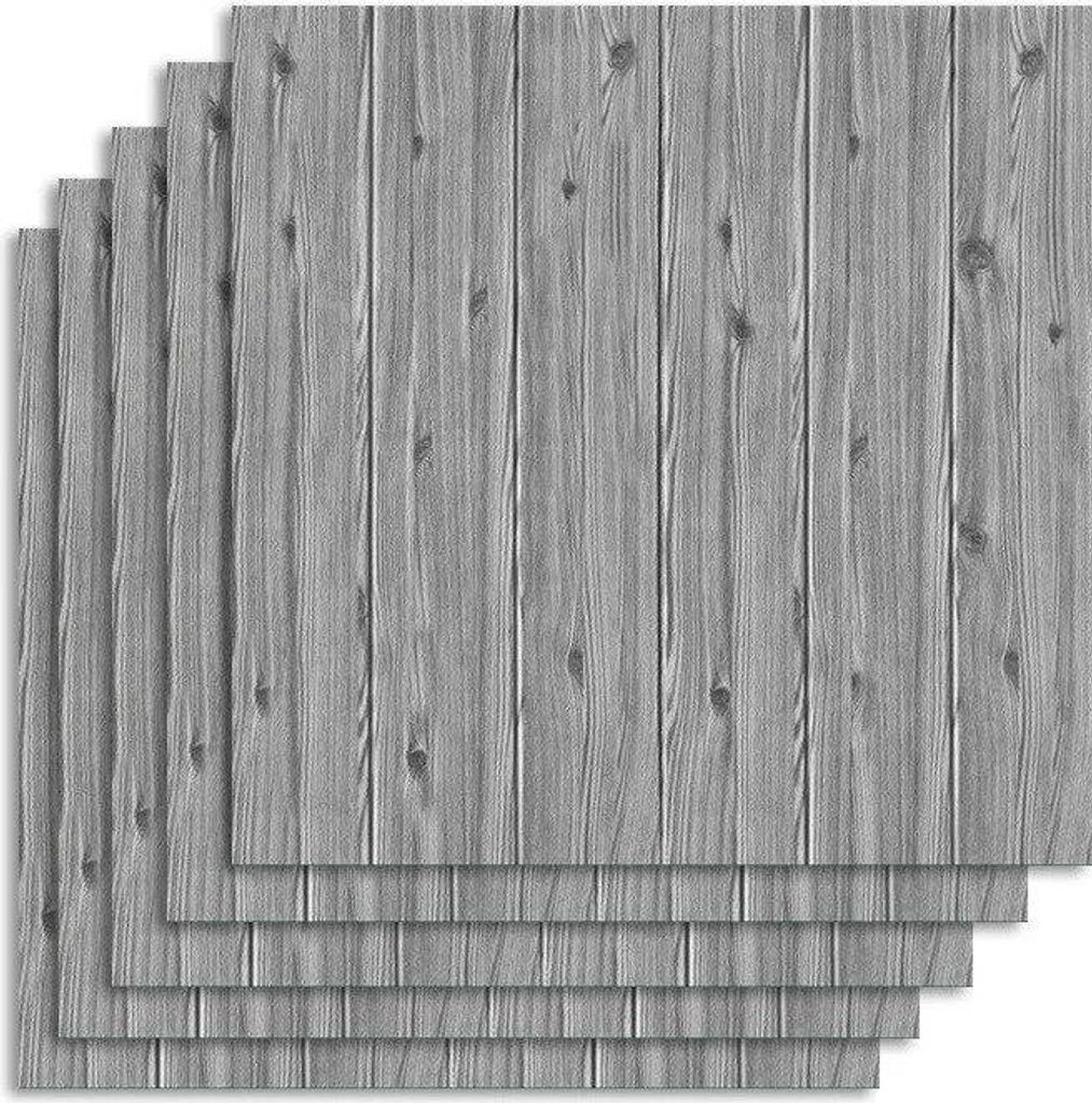 Stapel aus fünf grauen Holzplanken-Abziehbild-Tapetenbahnen mit sichtbarer Holzmaserung und Ästen