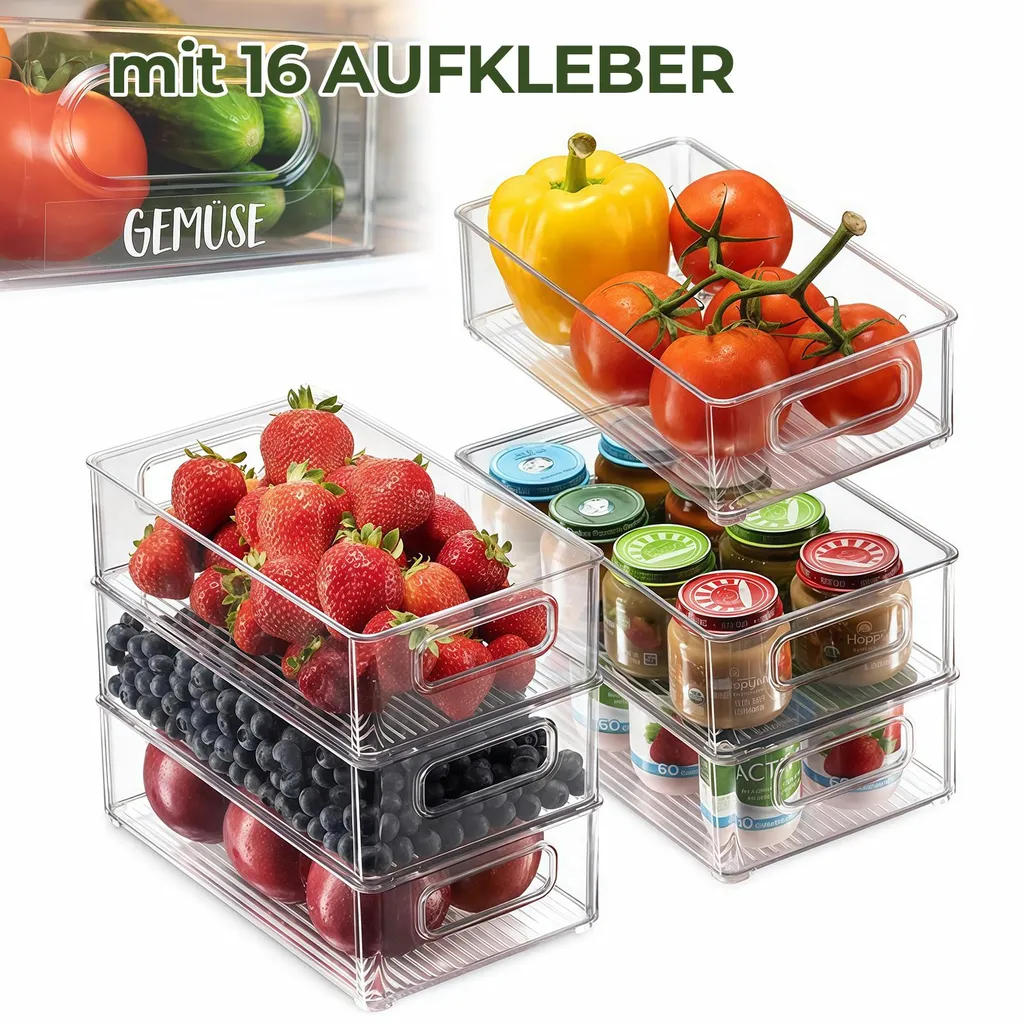 FINEW Set 6 Organizer Per Frigorifero Trasparenti: Contenitori Impilabili Con Manico, Per Cucina E Congelatore - 3