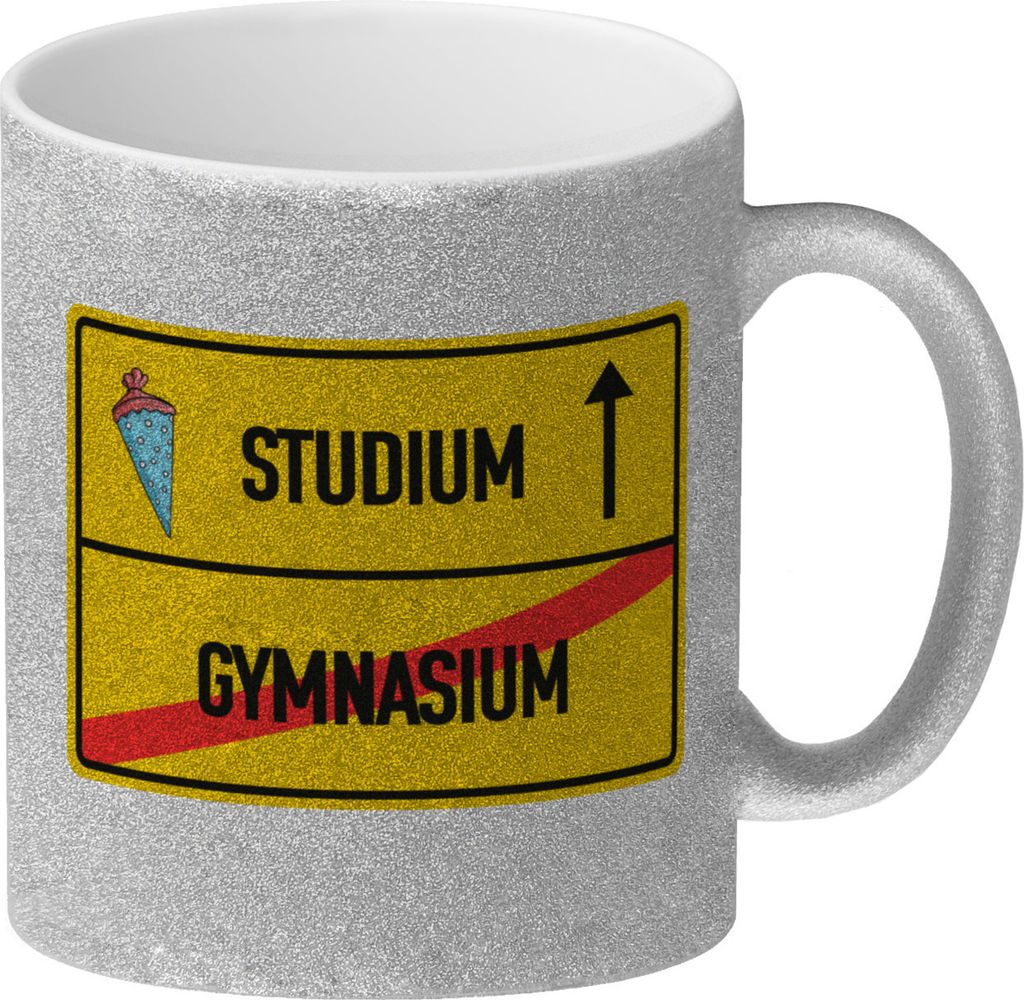 Studium Ortsschild Glitzer-Kaffeebecher zum Studienbeginn