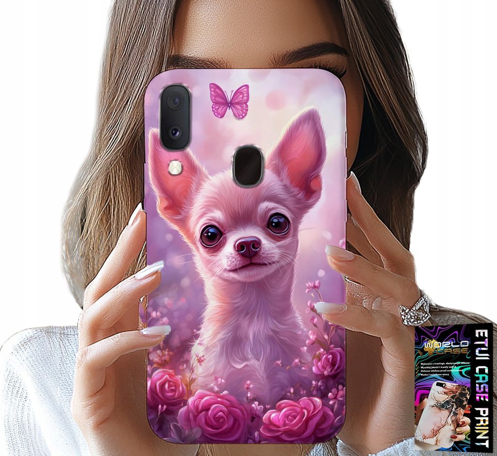 Fall Für Samsung Galaxy A20E - Niedlichen Chihuahua Auf Rosa Hintergrund Mit Blumen