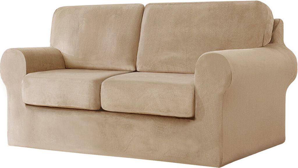 (Cremeweiß) 5-teiliger Stretch-Sofabezug, 2-Sitzer-Couchbezug mit separaten Rückenlehnen und Kissen mit Gummiband