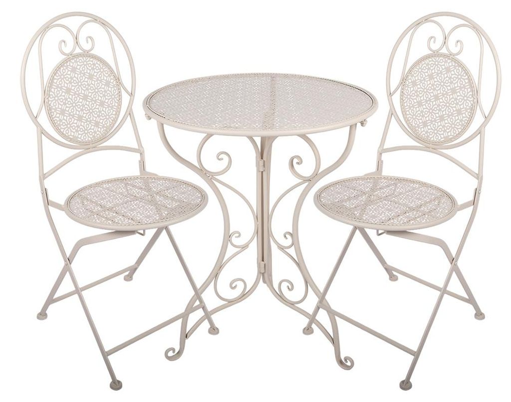 Clayre & Eef Bistro-Set Bistrotisch Bistrostuhl 3-Teilig Ø 60x74 / 50x40x92 cm Weiß Metall