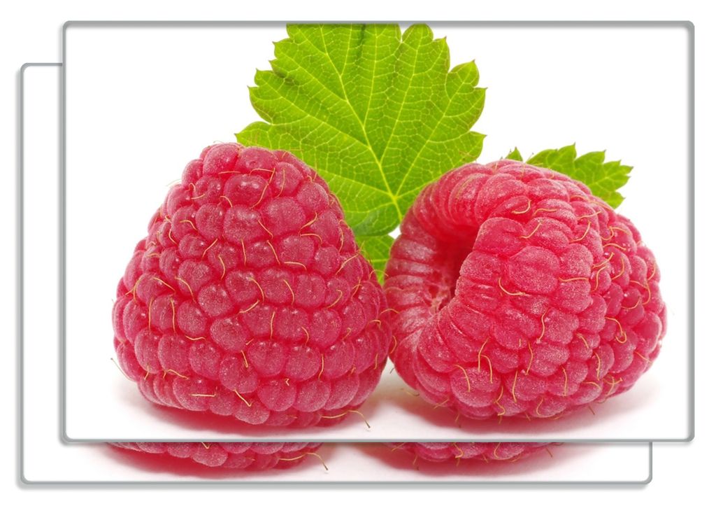 Wallario Frühstücksbrettchen 2er Set aus Glas, je 20 x 30 cm, mit rutschfesten Füßen, Motiv Himbeeren mit grünem Blatt auf weißem Grund
